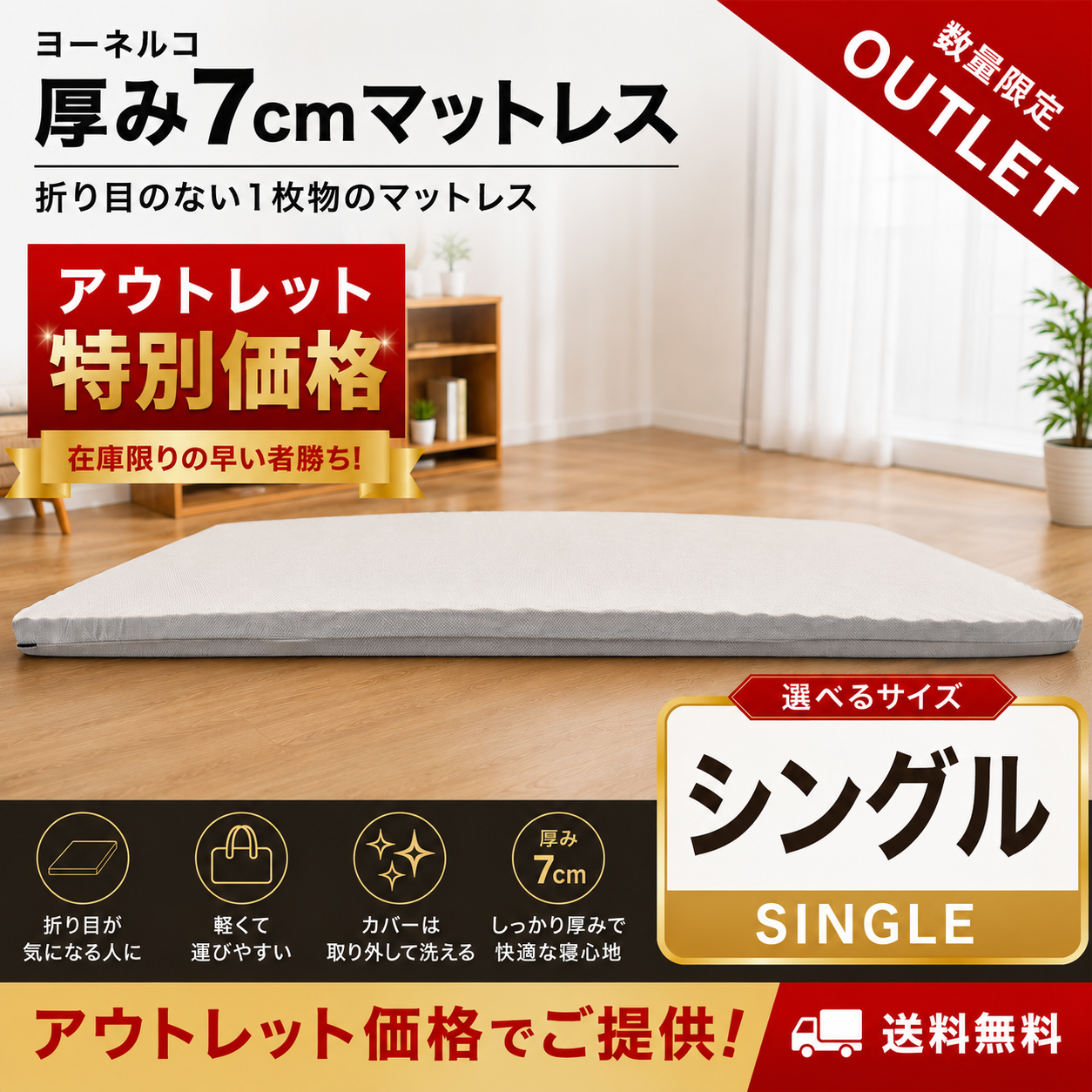 新品未開封アウトレット（シングル 95x195x7cm） ヨーネルコ 高反発マットレス 片面プロファイル 厚み7cm グレー YONERUKO