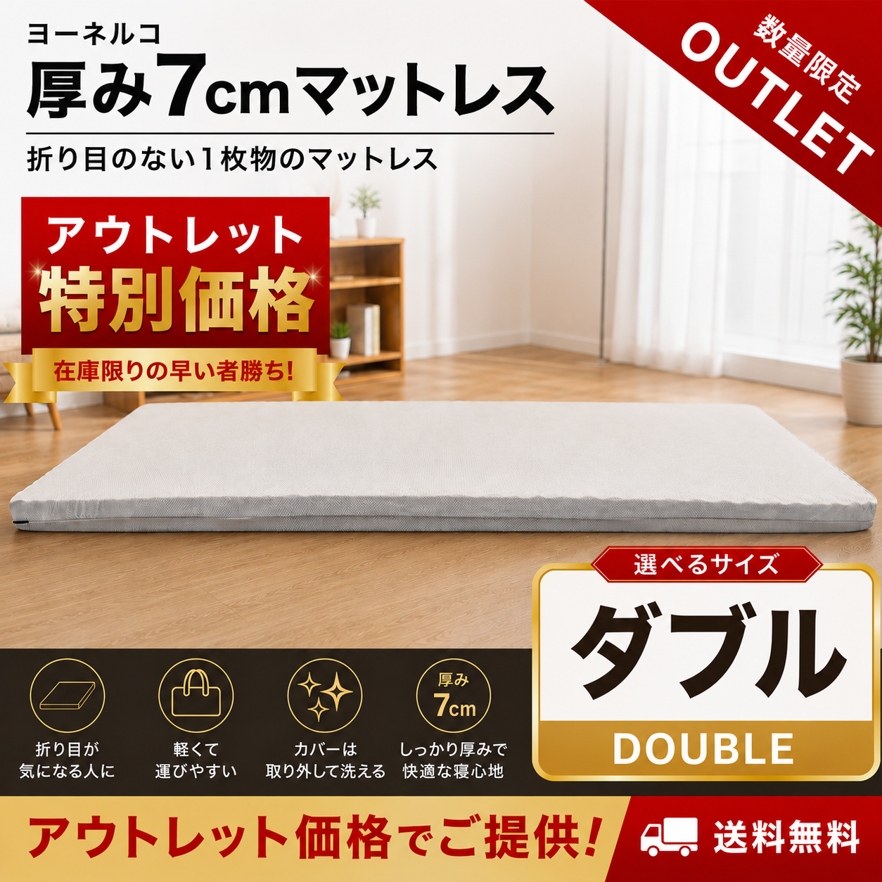 新品未開封アウトレット （ダブル 135x195x7cm） ヨーネルコ 高反発マットレス 片面プロファイル 厚み7cm グレー YONERUKO
